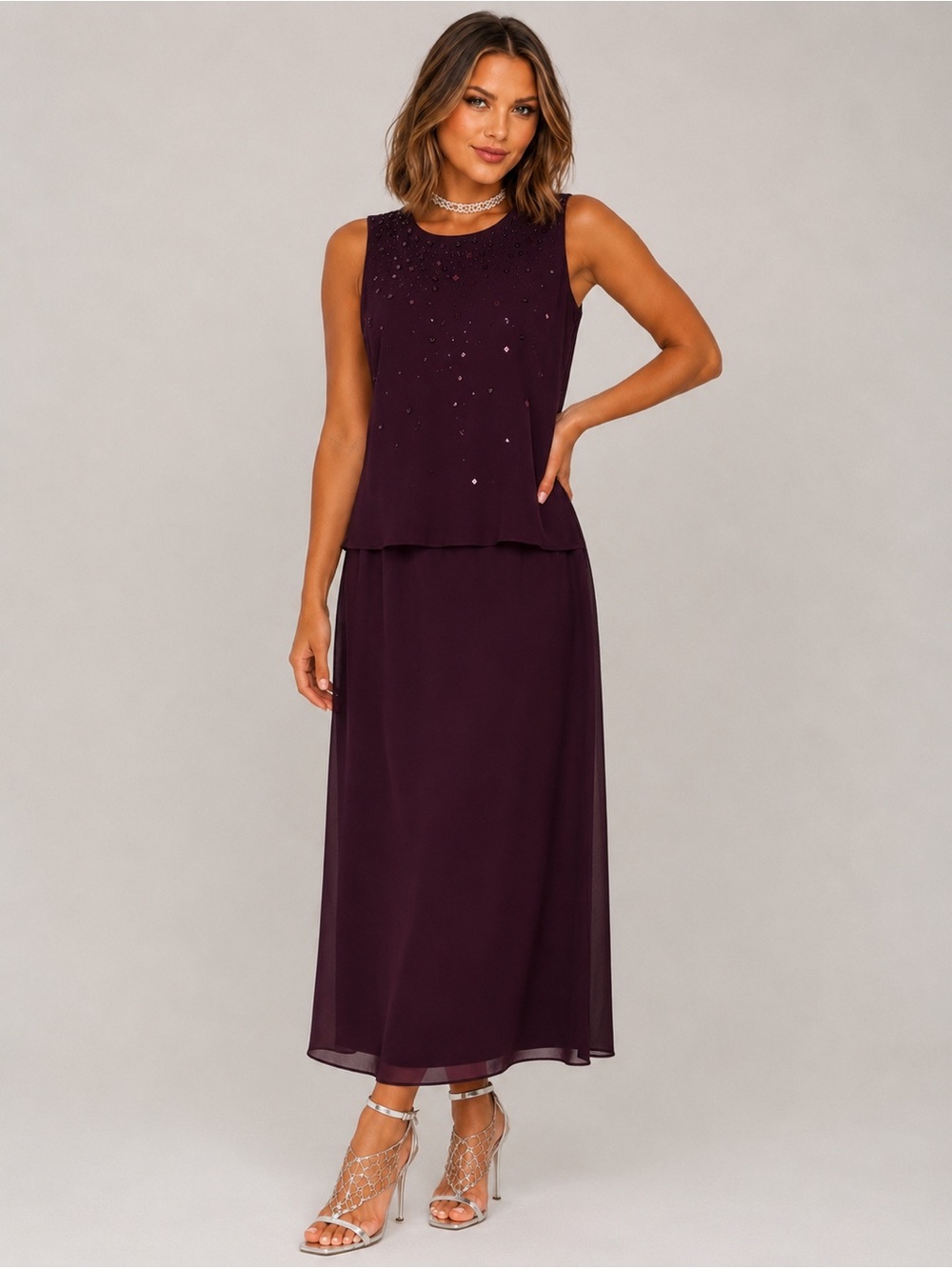 R&M Richards Sleeveless Dress With Rhinestones And Sequins Plum / Burgundy NWOT